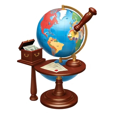 An icon featuring a globe with a gavel and a political map, symbolizing political science. The design includes a ballot box and a podium, representing democracy and governance. Transparent background highlights the study of political systems and global relations. sticker