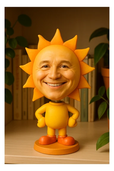 a smiling sun bobblehead, cartoonish style, bright colors, cheerful expression sticker