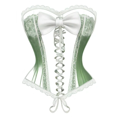 Sage green corset with white lace and bows, isolated sticker