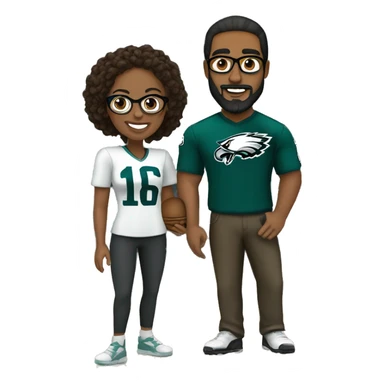 Brown guy with no glasses with a beard and mustache holding a brown girl wearing glasses and hair in a bun wearing Philadelphia eagles clothing sticker