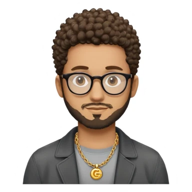 Hombre latino piel marron claro, cara estirada ovalada, gafas redondas oscuras, barba corta, pelo muy corto a los lados   rizado. Sonrisa leve, expresión tranquila. Camiseta gris, jacket negro abierto, collar G dorado sticker