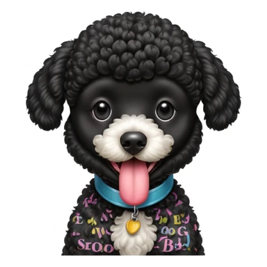 A high-resolution square-format digital illustration of a black poodle in a clean, semi-realistic style. The poodle is shown from the chest up, facing forward with a slight tilt of the head to the left, tongue out playfully. sticker