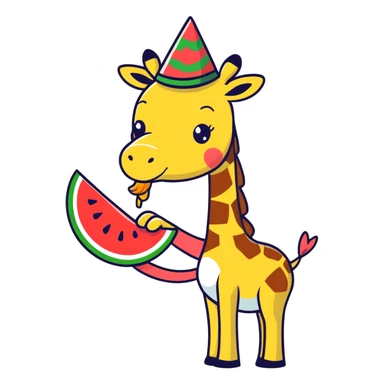 baby giraffe eating chicken while wearing a watermelon hat sticker