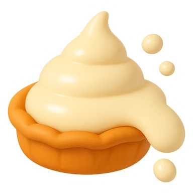 Refine the cream drip on the right-hand side and the 1-2 small cream splatters in the top right corner to closely match the smooth, rounded style, lighting, and placement of the other pie splatter designs. Keep the playful 3D emoji style, golden brown crust, transparent background, and main cream part intact. sticker