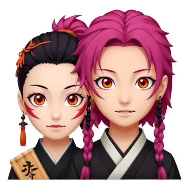 tanjiro: Kind red eyes, black hair with burgundy tips, forehead scar, tanned skin, Hanafuda earrings.                             nezuko:   Pink eyes, black-orange hair, fangs, bamboo muzzle. sticker