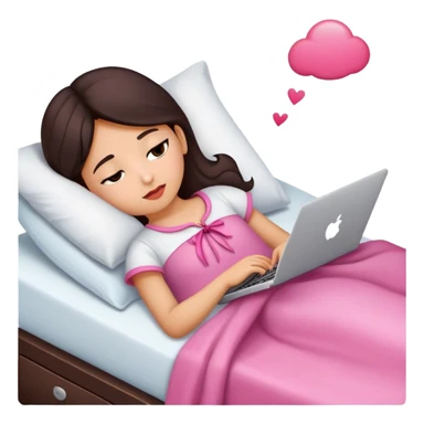crea a una niña morena con un moño coquette en la cabeza, que tenga un computador en la cama y que la niña este acostada sticker