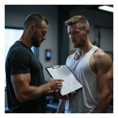 hyperrealistic 4K scene of coach and athlete looking at blood test results on tablet or paper, visible data including testosterone, hematocrit, cholesterol, gym or medical office environment, detailed sticker