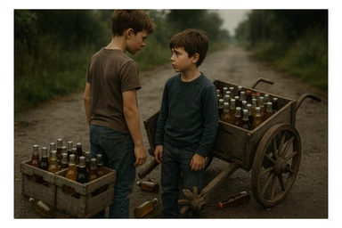 Bir g'ildiragi singan ichimliklar ortilgan arava uning yonida aka uka bir biriga havotirli nigoh bilan qarab turibdi realistik uslubda yuzi ko'rinmasin sticker