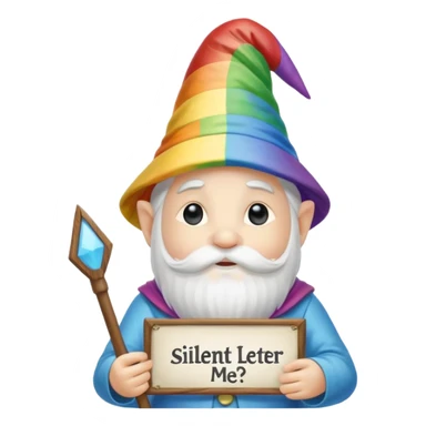 A zen rainbow gnome, holding a sign reading, "Silent Letter Day, who's with me?” sticker