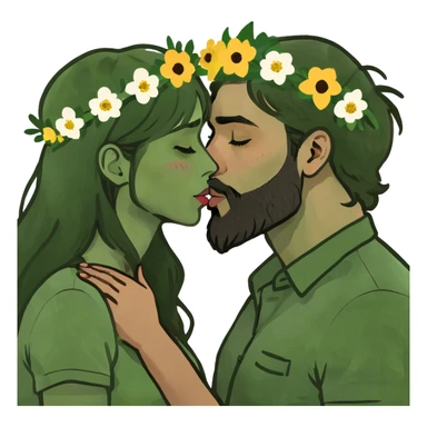a brunette girl with hazel eyes and dark nude lips and brunette man with a beard kissing esch other  sticker