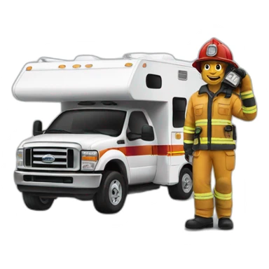 Firefighter posing next to a motorhome sticker