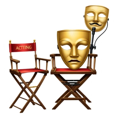 Icon for Acting: a theatrical mask, stage lights, a director’s chair, and a script, representing the craft of acting in theater. The design should reflect creativity, performance, and the art of storytelling on stage. Transparent background. sticker