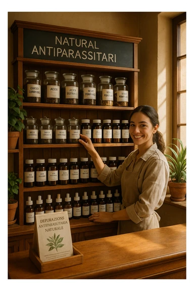 A realistic, well-lit herbal supplement store interior with wooden shelves neatly displaying glass jars and bottles labeled as ‘Chiodi di Garofano’, ‘Acido Butirrico’, and ‘Semi di Pompelmo’, organized in a clean and aesthetic manner. Small handwritten chalkboard signs indicate ‘Natural Antiparasitic Supplements’ above the section. The environment feels warm and trustworthy, with potted green plants adding freshness and a subtle sunlight entering through a window. A young shop assistant with a welcoming smile arranges the products, while informational leaflets about natural parasite cleansing are visible on a wooden counter, creating a holistic and health-conscious atmosphere in Italiano sticker