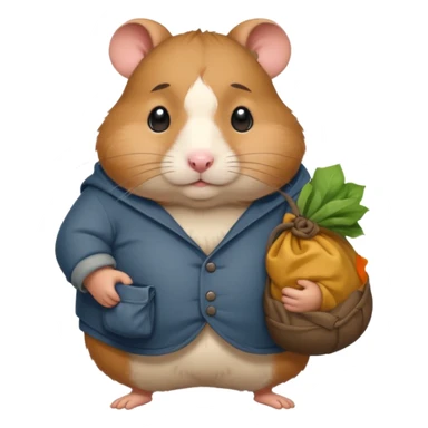 Fat cartoon-style hamster hobo carrying a bindle over its shoulder with a sad expression. sticker