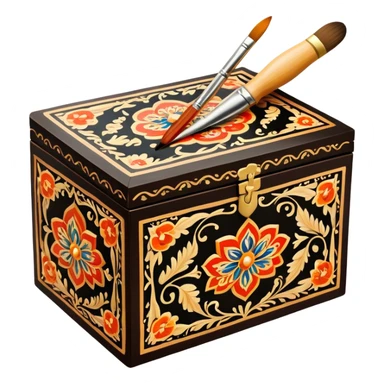 Wooden box painting icon, traditional Palekh or Khokhloma patterns being painted on a wooden box, paintbrush and fine details visible, the box in the process of decoration, visible tools like brushes and paints, minimalistic style, clean lines, transparent background. sticker