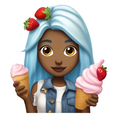 In hombre Strawberry ice cream, layered vanilla, ice, cream, strawberry jelly, whipped cream on the top with a strawberry a girl with hombre light blue hair. sticker