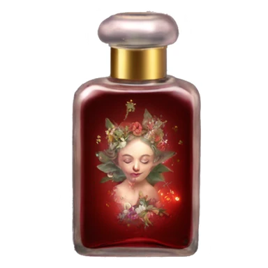 Dark red magic fairy light sparkling old Antique oil perfume bottle with herbal and flowers sticker