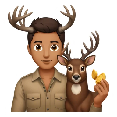 Guy with dark brown hair holding a buck sticker