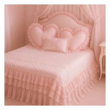 a pink frilly bed with heart-shaped pillows and lace, coquette aesthetic, soft and romantic sticker