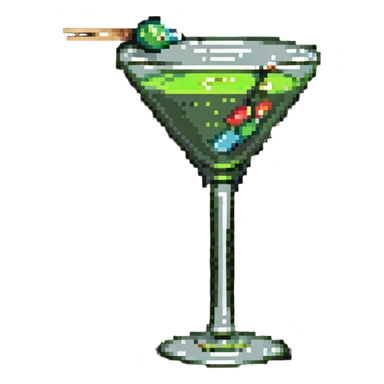 simple martini glass with colorless liquid, just showing glass outline with minimal liquid representation, green olive on toothpick at bottom sticker
