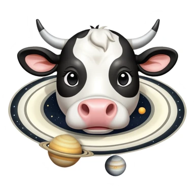 Cartoon cow face with Saturn as its body, the planetary rings circling the middle, and disproportionately large barefoot human feet at the bottom sticker