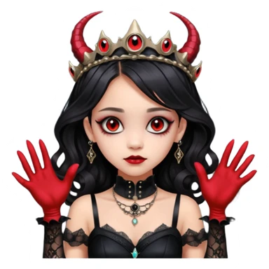 Holed and worn Lavish black evening gown with see-through gloves, Jenna Ortega as Addams woman wearing a steampunk mini tiara, very large blood red evil-looking horned old dragon evil eyes  sticker