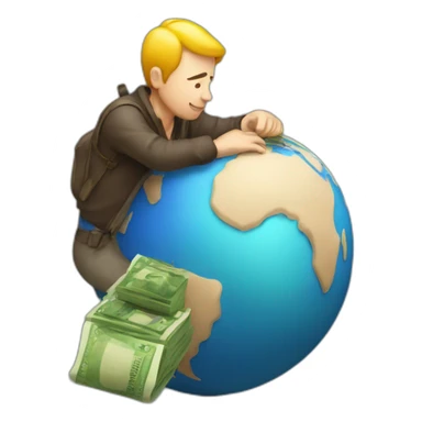 man sitting on globe with money bag sticker