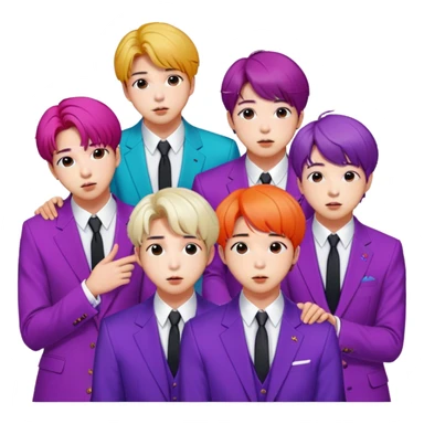 Cinematic Realistic group portrait of BTS featuring all 7 members in stylish modern attire, with detailed facial expressions and vibrant colors, captured in dynamic, contemporary lighting that emphasizes their global pop icon status sticker