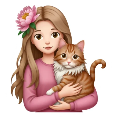 A long haired girl holding a long haired tabby in peony sticker