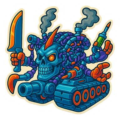 Create a skull robot tank with 4 distinct arms, each hand holding a different weapon: a large industrial blade (not a sword), a blaster, a menacing syringe, and a claw. The design should be menacing and intimidating with shiny greyscale metal parts and vibrant color accents on some non-metal elements. Use a retro stickers style with clean outline, compact proportions, and transparent background. sticker