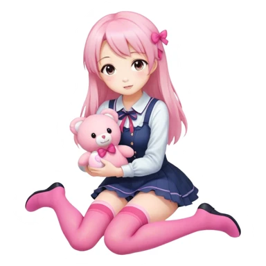 Anime girl in thigh-high stockings, kneeling playfully while holding a cute pink plush toy. Soft shading, warm lighting, charming and wholesome atmosphere. sticker