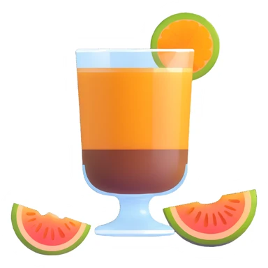 traditional layered carajillo in small clear glass showing golden liquor at bottom and coffee on top, with cantaloupe melon slice beside it sticker