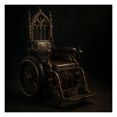 gothic steampunk wheelchair, brass and iron, gothic arches, mechanical embellishments, moody atmosphere sticker