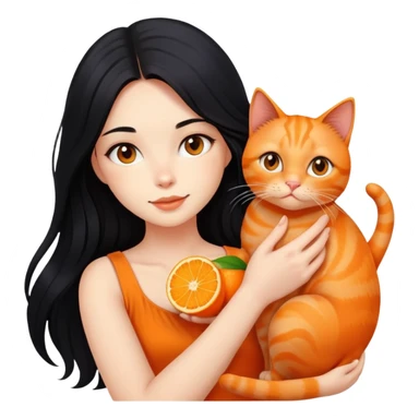 beautiful girl with long flowing black hair holding an orange ginger cat sticker