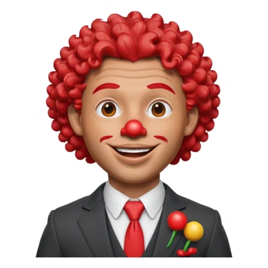 A 3D cartoon man with a red clown nose, smiling expression, wearing a suit, soft lighting, curley hair, realistic Memoji-style. sticker