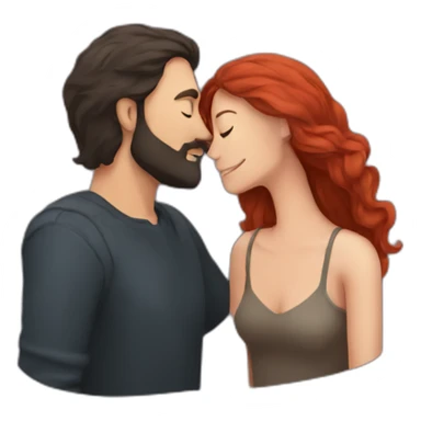 a bearded man with dark hair kissing a woman with long red hair sticker