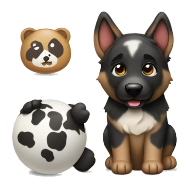 brindle colored german shepherd with a panda toy sticker