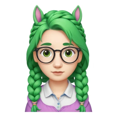 braided unicorn wiith big visible braids looking into the camera spectacled green hair and no ears sticker