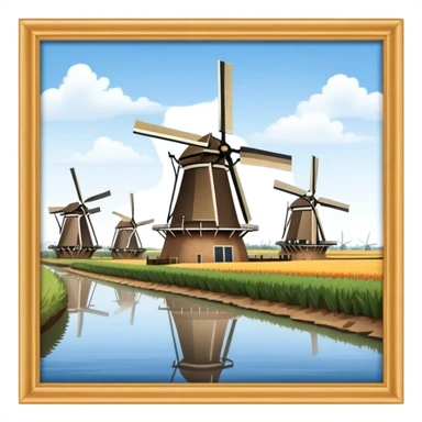 Cinematic Realistic Kinderdijk Windmills Landmark Emoji, depicted as a row of classic Dutch windmills set against a serene sky rendered with detailed textures and soft natural lighting. sticker