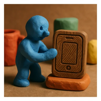 Make the smartphone icon look more like it is carved from wood, with wood grain texture, brown hues, and engraved lines, in a claymation style. sticker