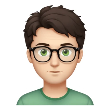 Young man with slightly curled dark brown poofy hair, green eyes wearing glasses, wide face with eyes set apart, bigger ears, pale skin, slightly bigger nose, and very light stubble sticker