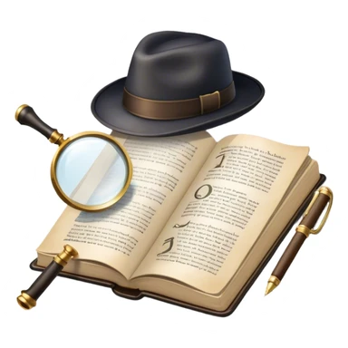 Icon for Detective Reading: an open book with text and a magnifying glass, a detective’s hat and a notebook with clues, surrounded by dark shadows and mysterious elements like footprints. Transparent background. sticker
