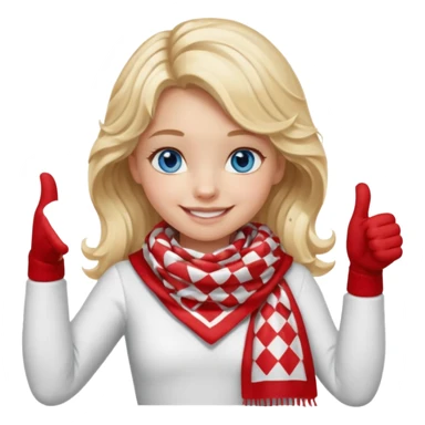 Blonde Girl, Blue Eyes, wavy hair, smiling, thumbs up, wearing red Checkered Triangle scarf, white dress sticker