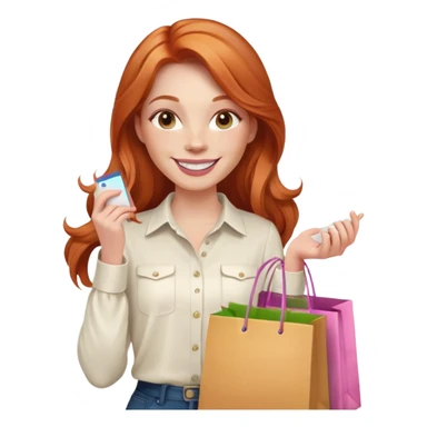 Shopping ginger woman smiling pink cheeks long hair holding bags cream shirt sticker