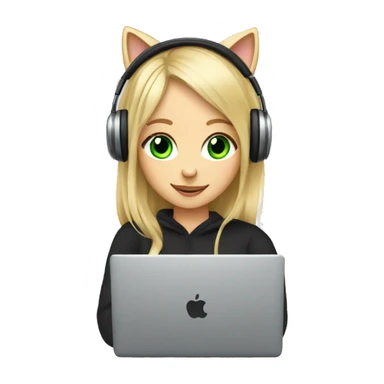 blonde girl green eyes with cat headphones and laptop sticker