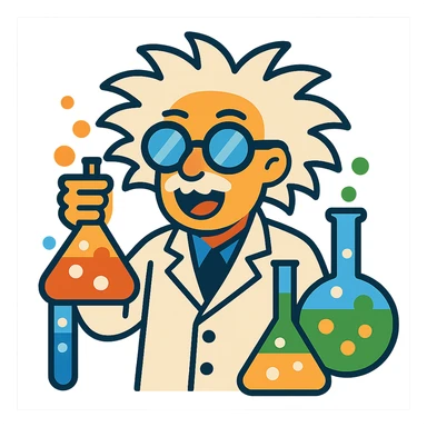 scientist with wild hair and goggles, surrounded by bubbling test tubes sticker
