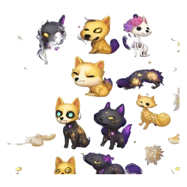 Black iridescent dog fox zombie skeleton gold mechanical nebula galaxy stars flowers fairy lights vintage sticker