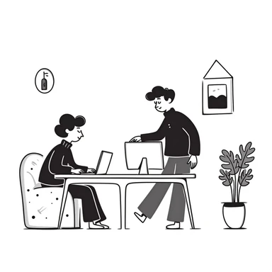 escenary 3d of a cozy mid-century living room with two people working on laptops, one man standing at a desk and one woman sitting on a couch, two walls and floor visible sticker