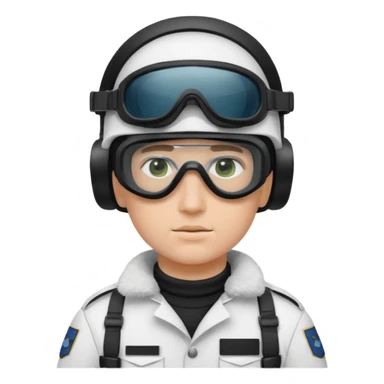 A Finnish modern soldier in a white snow uniform. with black night vision goggles sticker