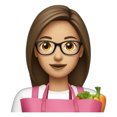 young woman with brown hair and thin glasses with a pink bag full of groceries sticker